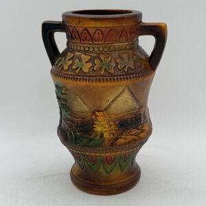Vintage 1960s Norleans Redware Ceramic Egyptian Pyramids Motif 7" Vase‎ Japan